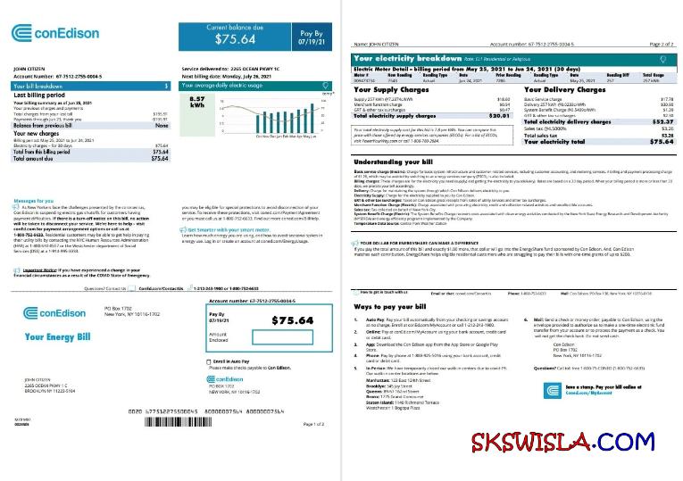 Szablon rachunku za media USA Con Edison w formacie Word i PDF, 2 strony (2021 kwiecień – obecnie)